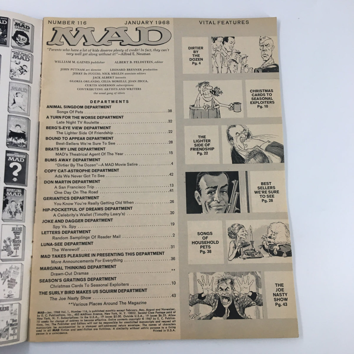 Table of contents page from Mad Magazine January 1968 No. 116, listing various articles including 'Dirtiest By The Dozen' and 'The Joe Nasty Show,' reflecting the magazine's witty satire and humor.