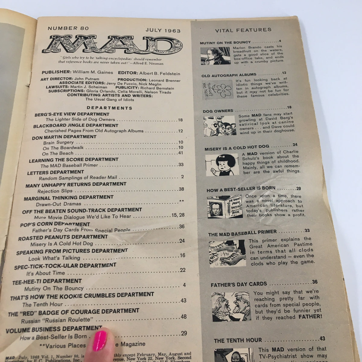 Interior page of Mad Magazine July 1963 No. 80 displaying the table of contents and editorial details for various comedic articles.