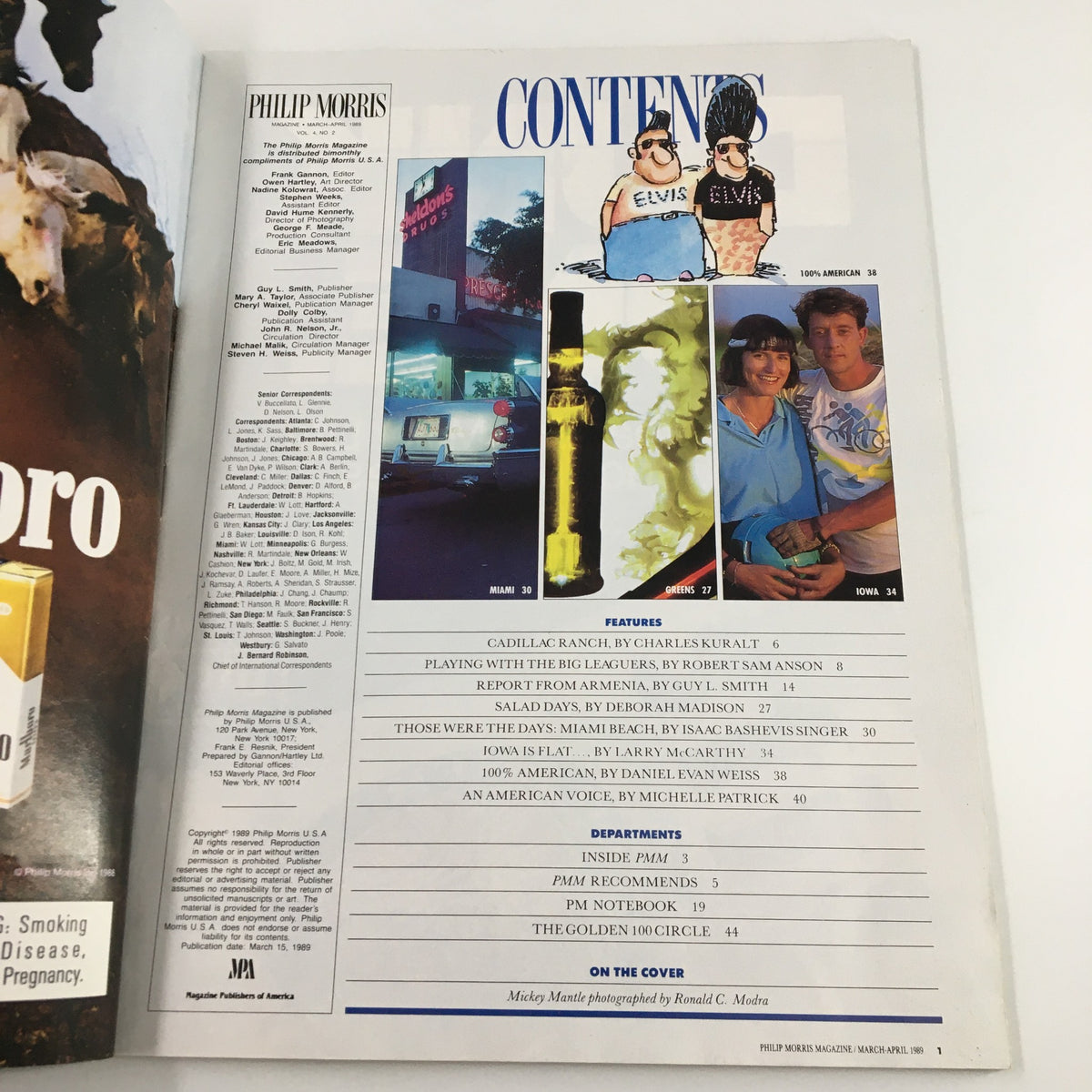 Contents page of Philip Morris Magazine March 1989 featuring a collage of images and text, including features on Miami Beach by Isaac Bashevis Singer and other notable articles in this vintage collectible.