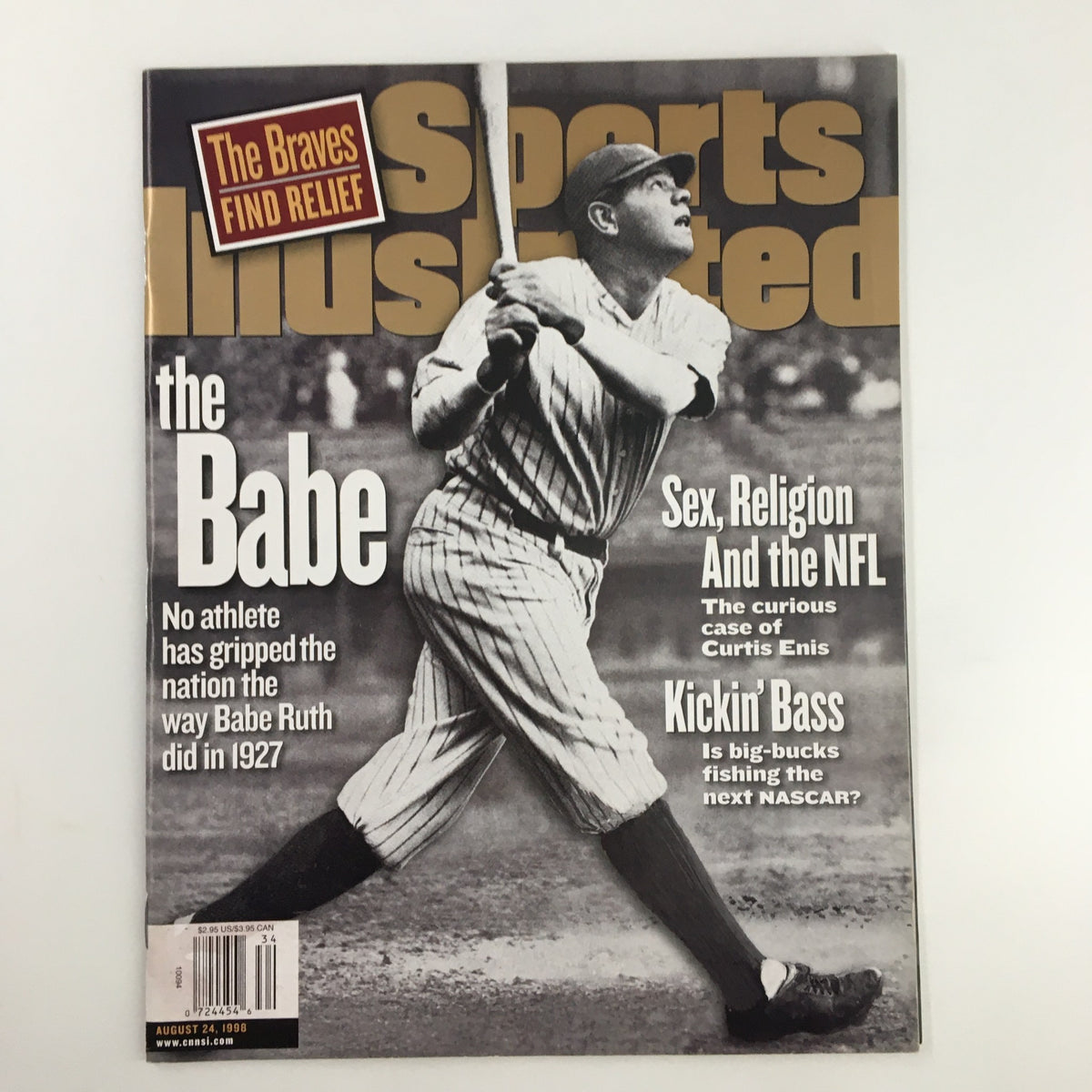 Cover of Sports Illustrated Magazine dated August 24, 1998, featuring Babe Ruth with a baseball bat, alongside headlines about the Braves, NFL, and fishing.