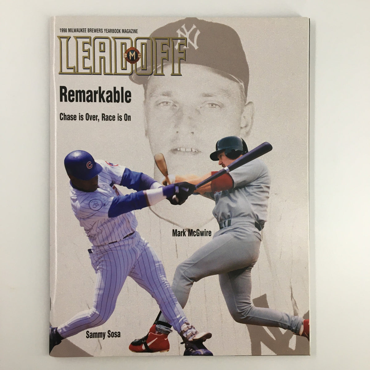 Cover of the Lead M Off 1998 Milwaukee Yearbook Magazine showcasing baseball stars Sammy Sosa and Mark McGwire, highlighting the prominent home run race of that year.