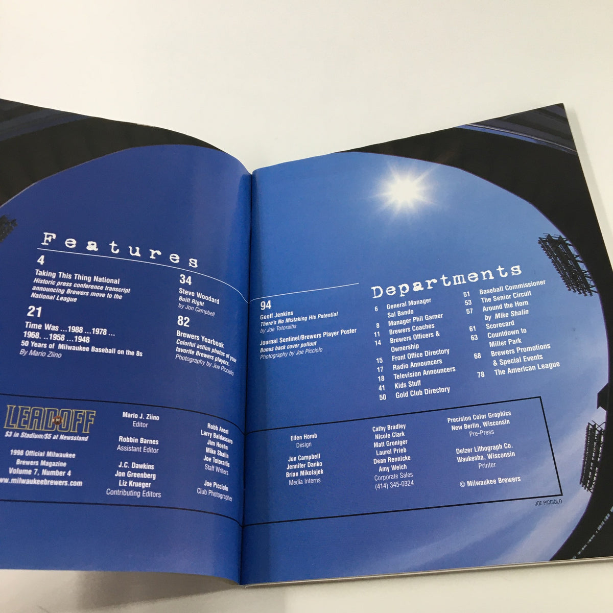 Interior page of the Lead M Off 1998 Milwaukee Yearbook Magazine featuring a layout with the contents and departments of the magazine, providing a glimpse into its detailed coverage of Milwaukee Brewers and baseball.