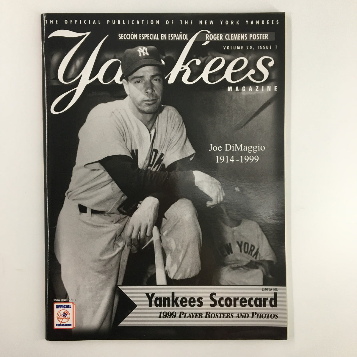 Yankees Magazine April 1999 Vol 20 No 1 featuring Joe DiMaggio 1914-1999 on the cover, celebrating his baseball legacy.