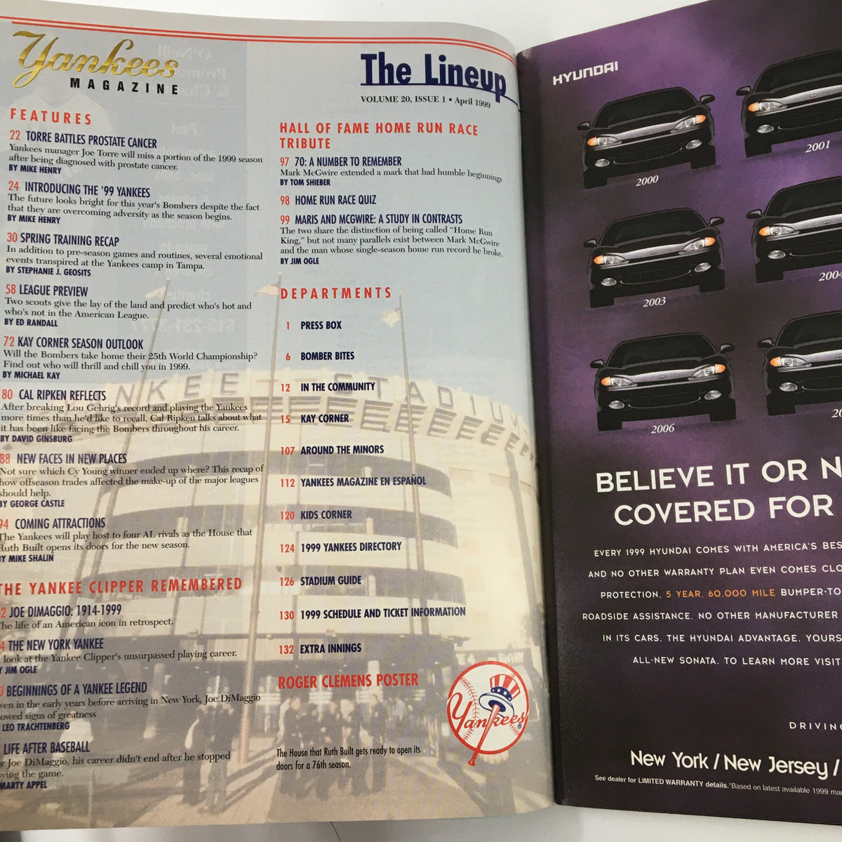 Interior page of Yankees Magazine April 1999 Vol 20 No 1 showcasing the lineup and features, including tributes and player rosters.