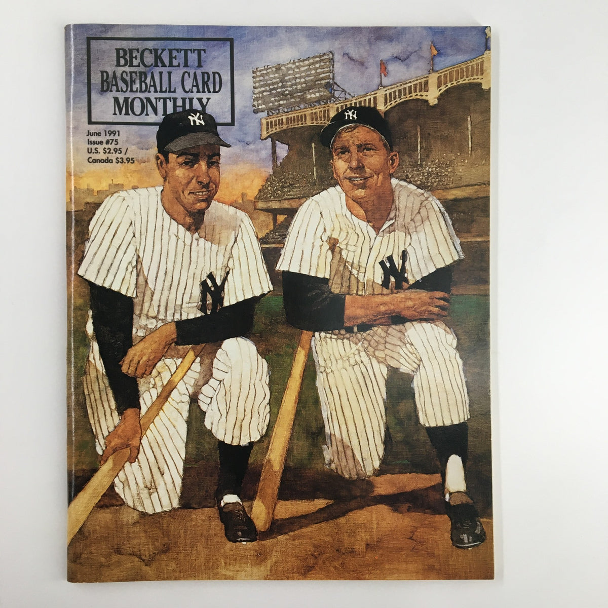 Beckett Baseball Card Monthly June 1991 #75 featuring Joe DiMaggio and Mickey Mantle on the cover, showcasing two baseball players in New York Yankees uniforms, highlighting the history of baseball card collecting.