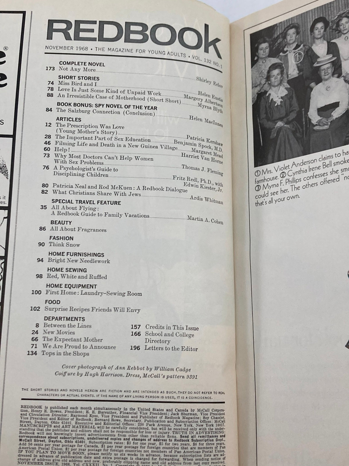 Interior page of VTG Redbook Magazine November 1968, Vol 132 #1, showcasing the table of contents including various articles and short stories.