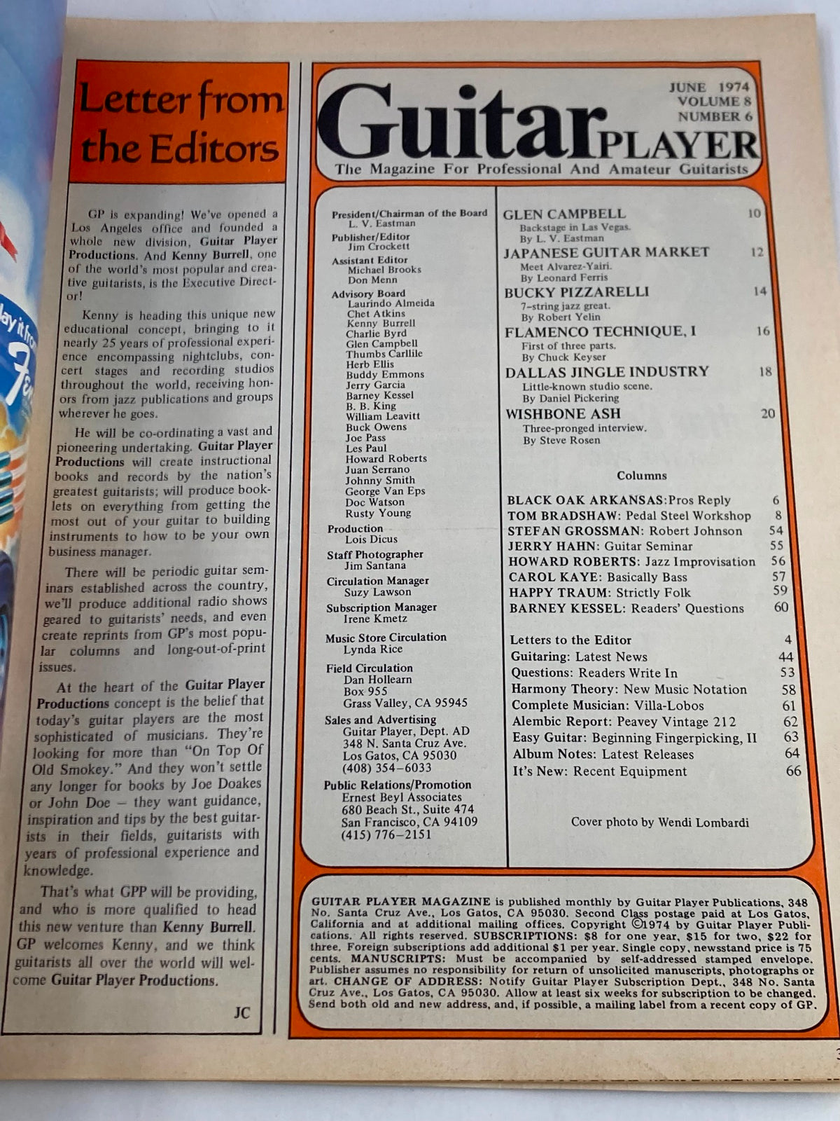 Inside page of VTG Guitar Player Magazine June 1974 showing the table of contents and a letter from the editors discussing the magazine's expansion and features.
