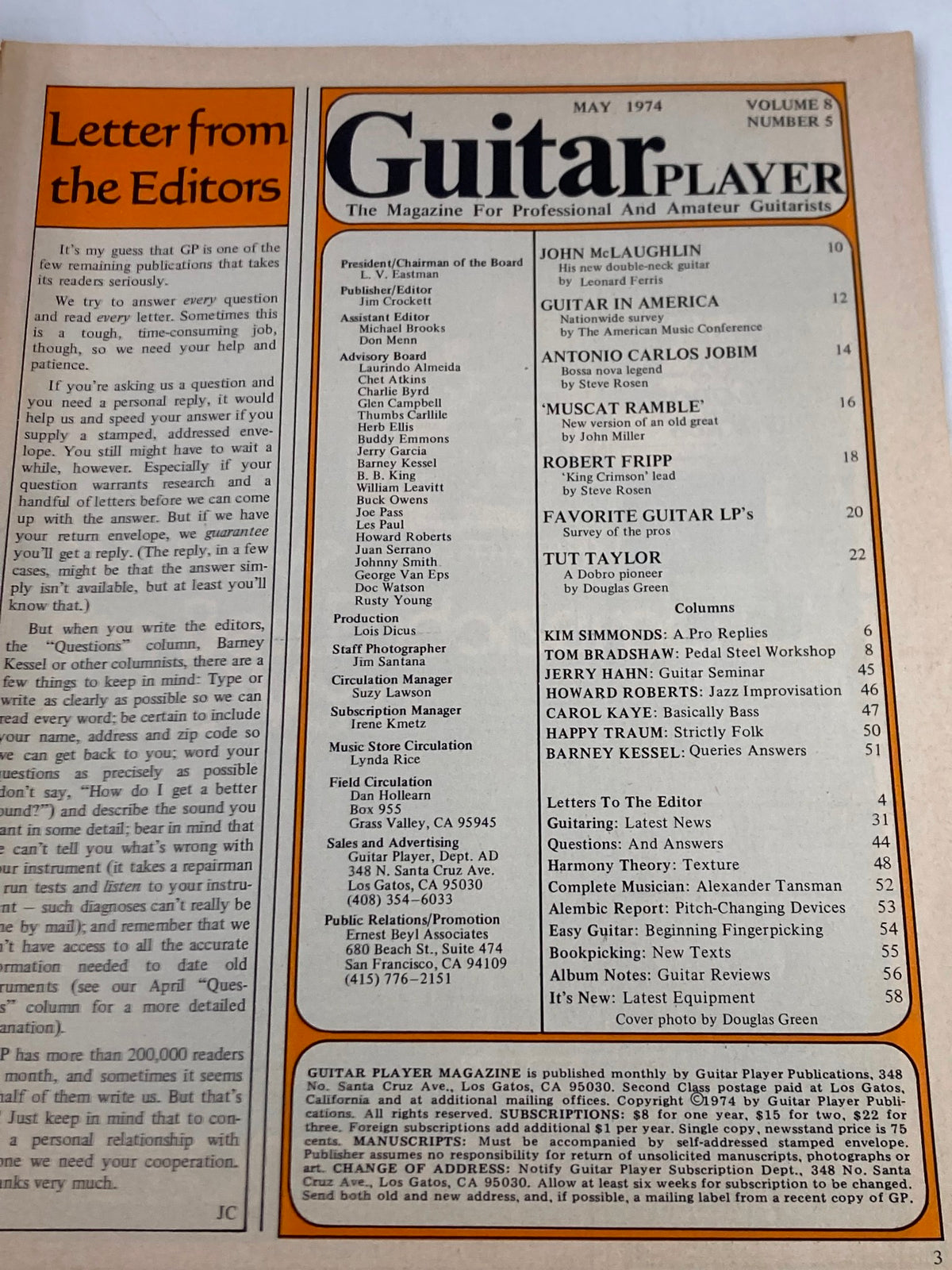Vintage Guitar Player Magazine May 1974 Tut Taylor Cover & Robert Fripp No Label