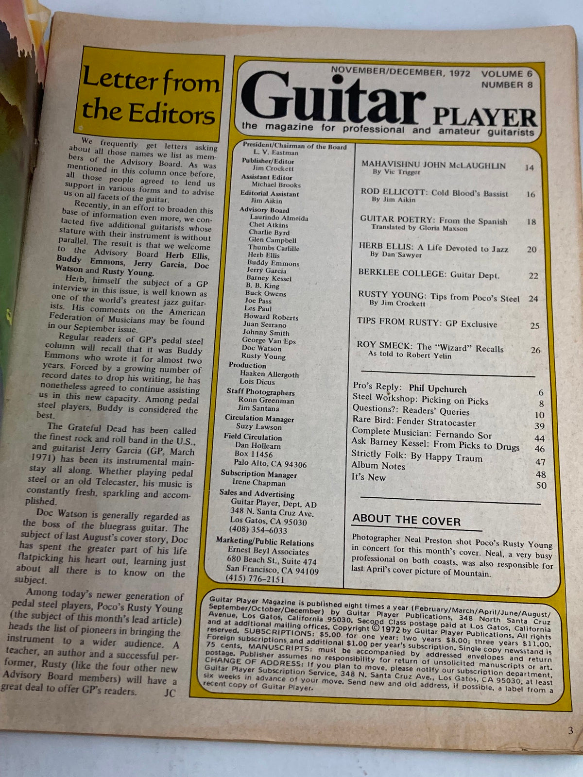 Vintage Guitar Player Magazine November 1972 Vol 6 #8 Rusty Young No Label