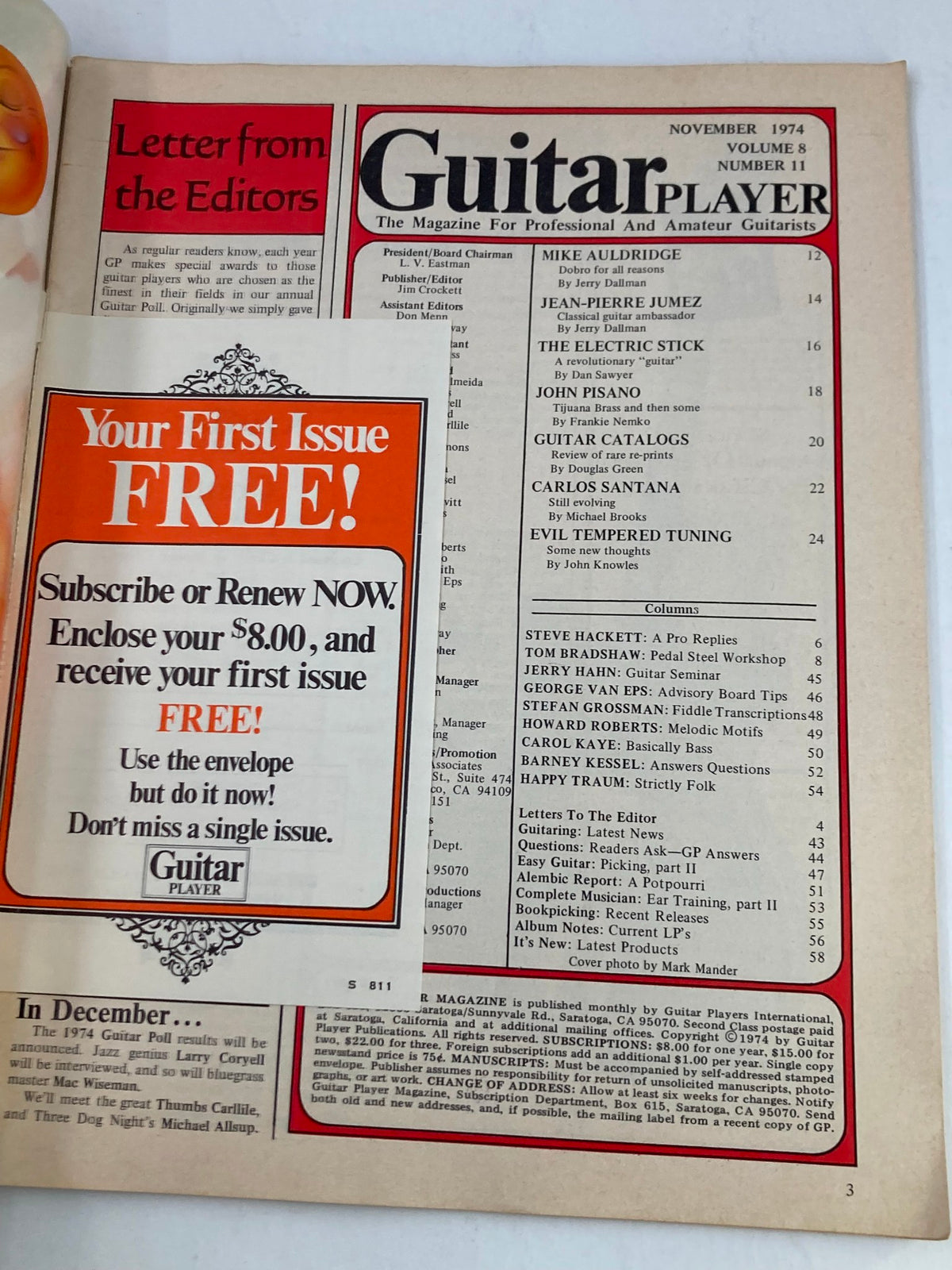 Vintage Guitar Player Magazine November 1974 Vol 8 #11 Carlos Santana Cover