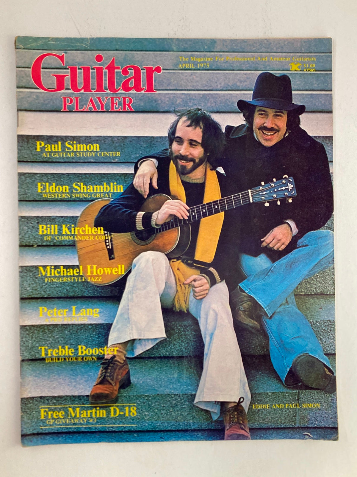 Cover of VTG Guitar Player Magazine April 1975 featuring Eddie and Paul Simon, with headlines including articles about Paul Simon at Guitar Study Center and other notable guitarists.