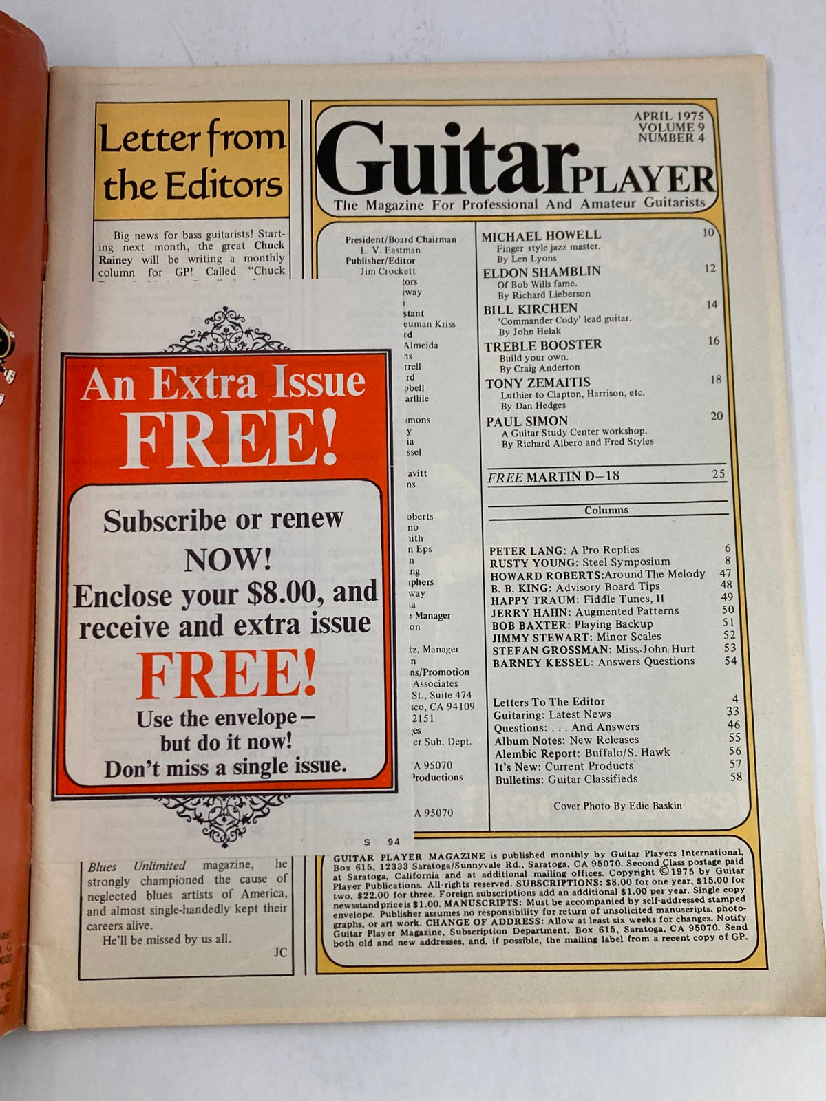 Inside page of VTG Guitar Player Magazine April 1975 featuring a letter from the editors and articles on renowned guitarists including Paul Simon.