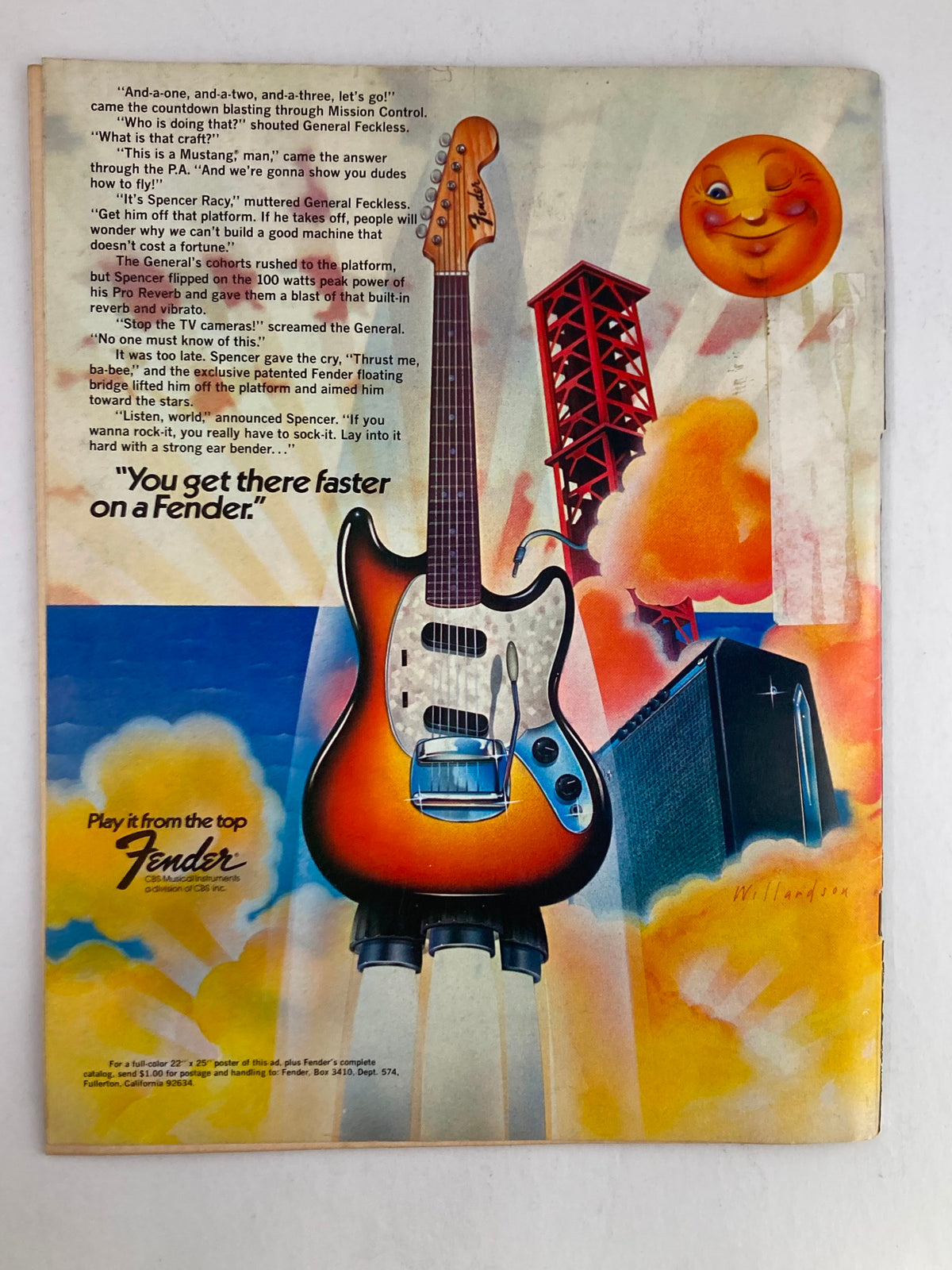 Back cover of VTG Guitar Player Magazine March 1975 Vol 9 #3, featuring a promotional illustration for Fender guitars with vibrant colors.