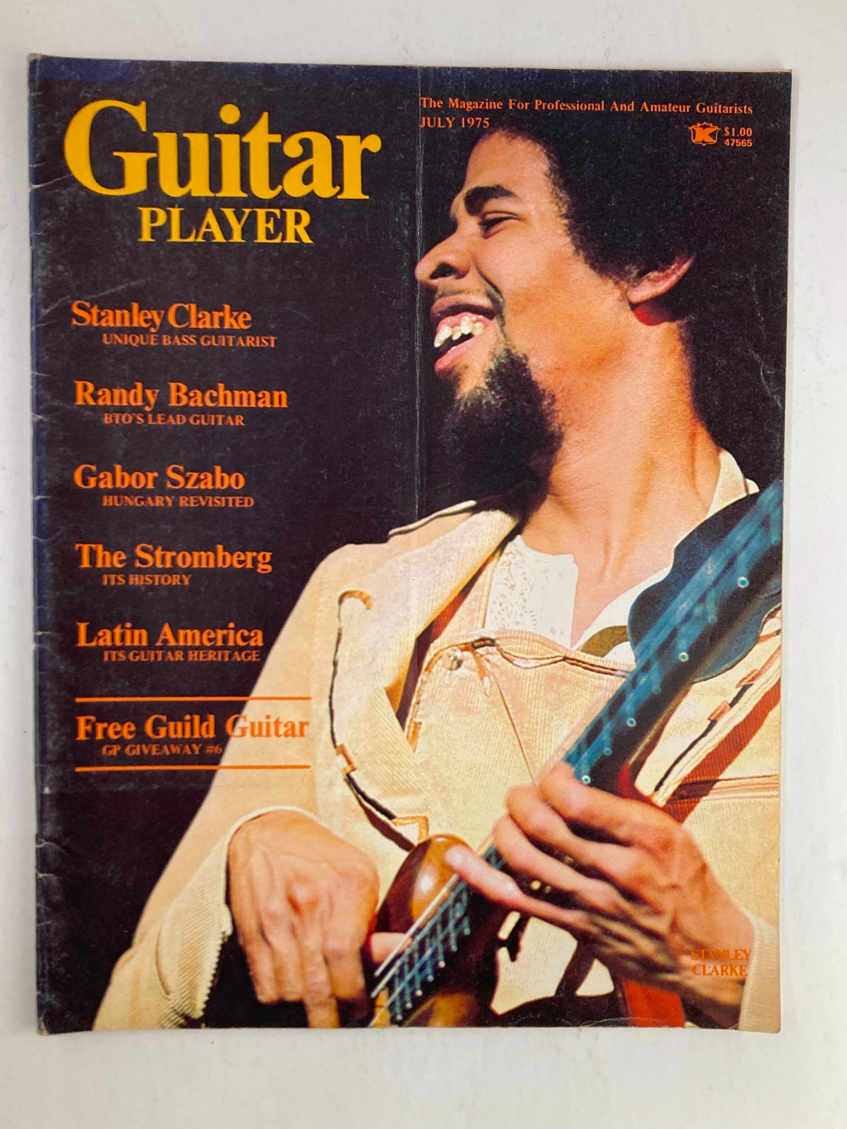 Guitar Player Magazine July 1975 featuring Stanley Clarke on the cover, showcasing articles about notable guitarists and music history.