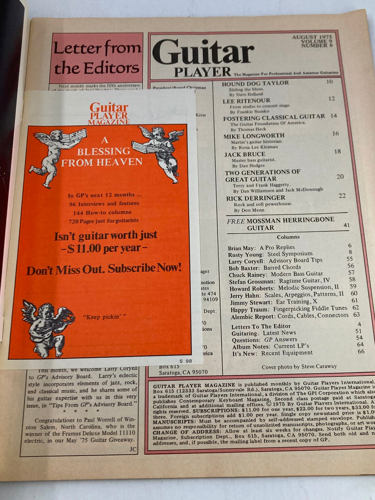 Vintage Guitar Player Magazine August 1975 Vol 9 #8 Rick Derringer & Jack Bruce
