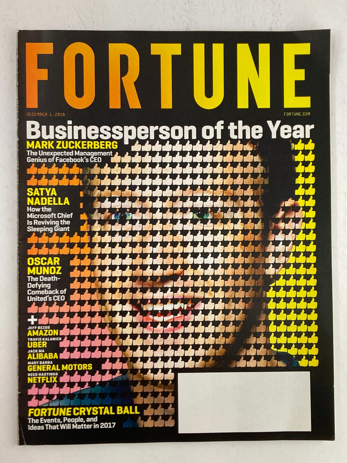 Fortune Magazine December 1 2016 featuring Mark Zuckerberg as Businessperson of the Year, showcasing a colorful graphic cover which highlights influential figures in business.
