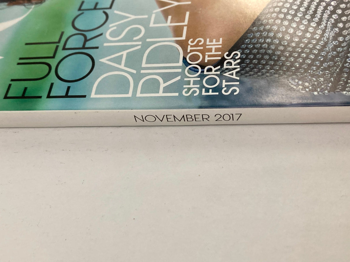Side view of Vogue Magazine November 2017 displaying the date and title 'Shoots For The Stars' with Daisy Ridley's name featured prominently.