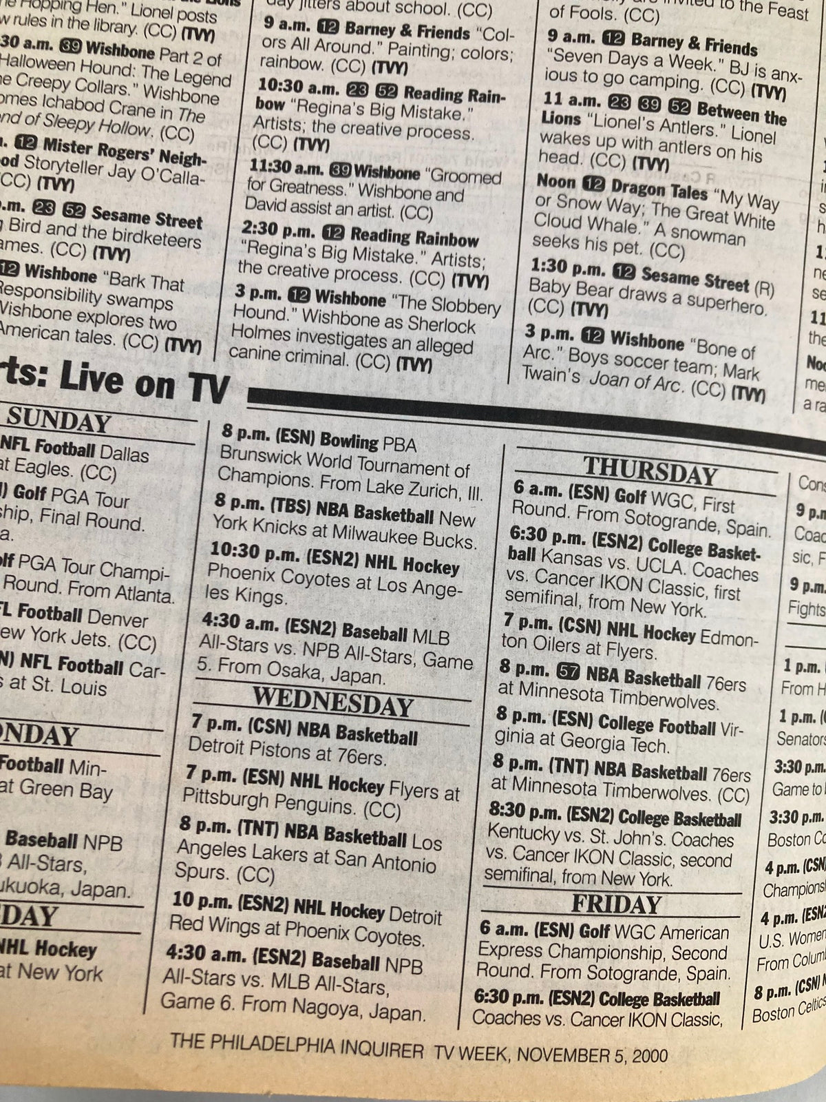 The Philadelphia Inquirer TV Week November 5, 2000, featuring a detailed TV schedule including programming for various channels such as ESPN, showcasing events like NBA Basketball and NHL Hockey.
