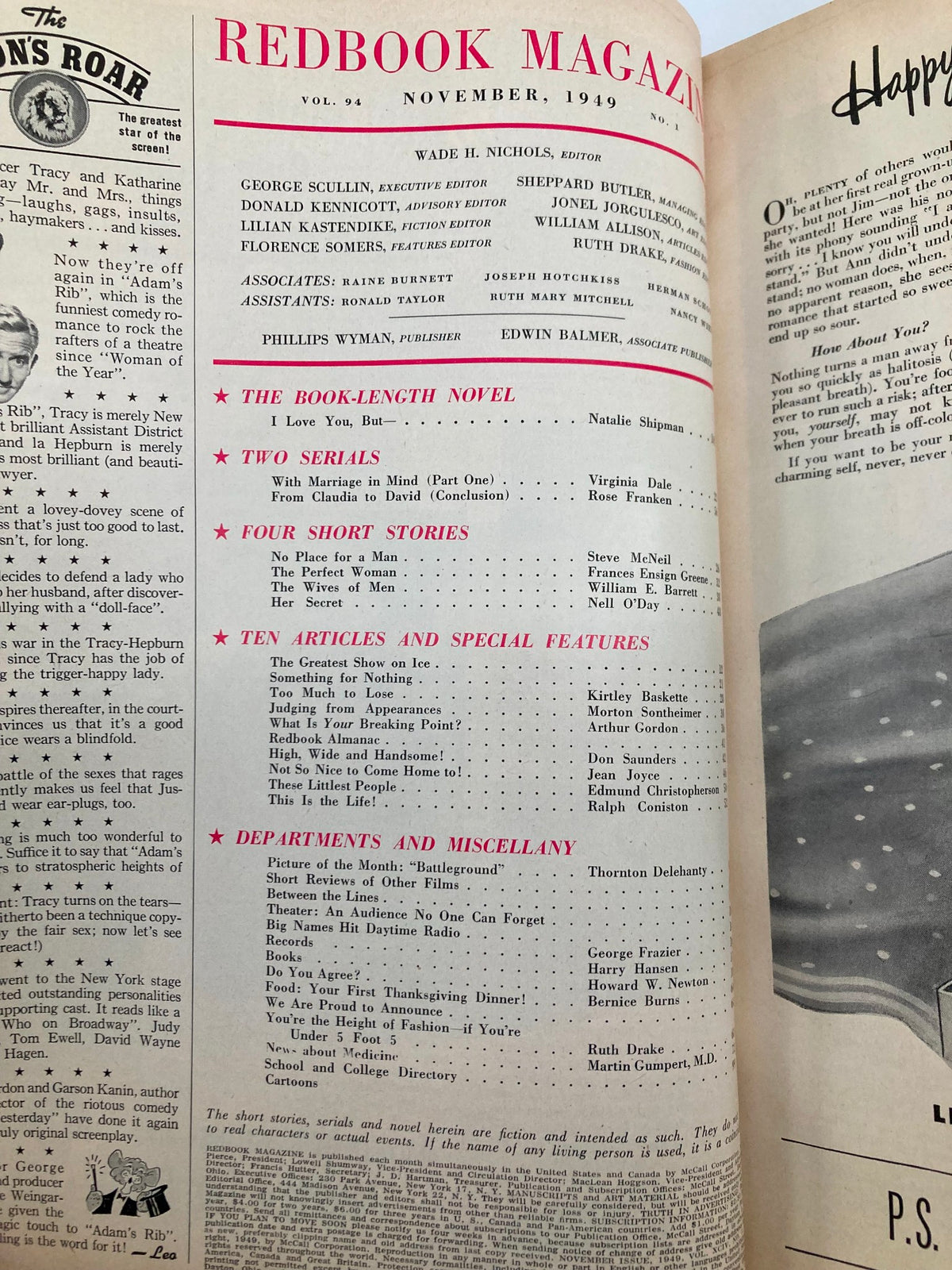 Interior page of VTG Redbook Magazine November 1949 Vol 94 #1, displaying the table of contents including story titles and articles relevant to the edition.