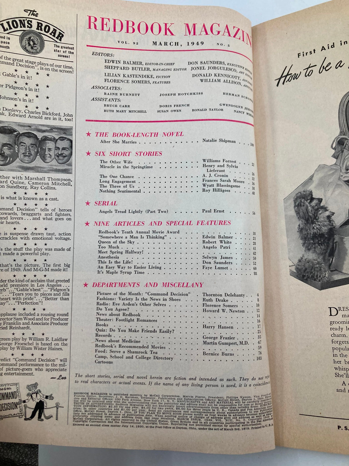 Table of contents from VTG Redbook Magazine March 1949 Vol 92 #5, detailing articles and features, including 'Somewhere A Man is Thinking' and short stories by various authors.