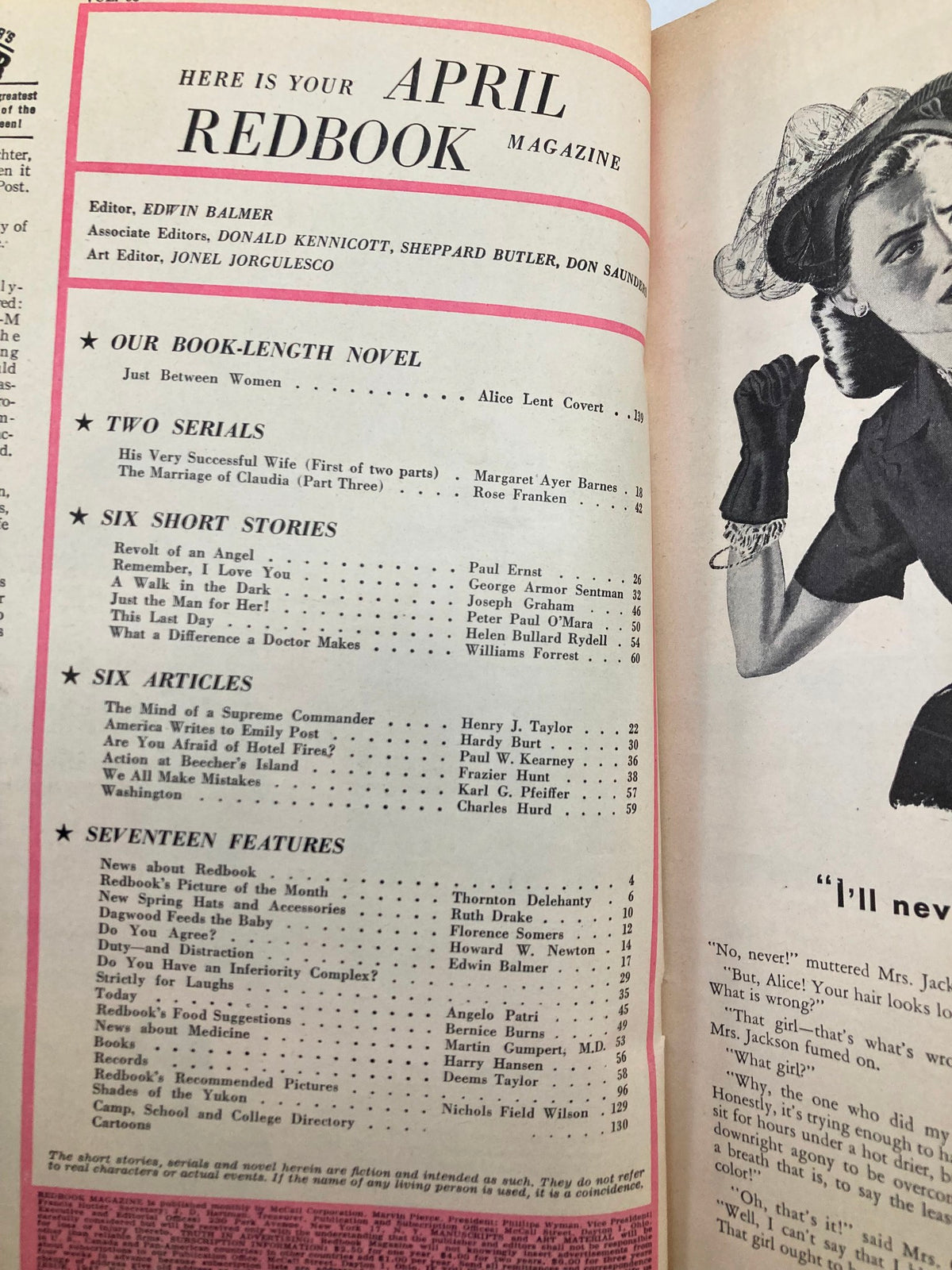 Inside page of the VTG Redbook Magazine April 1947 listing contents including stories and articles featured in this classic issue.