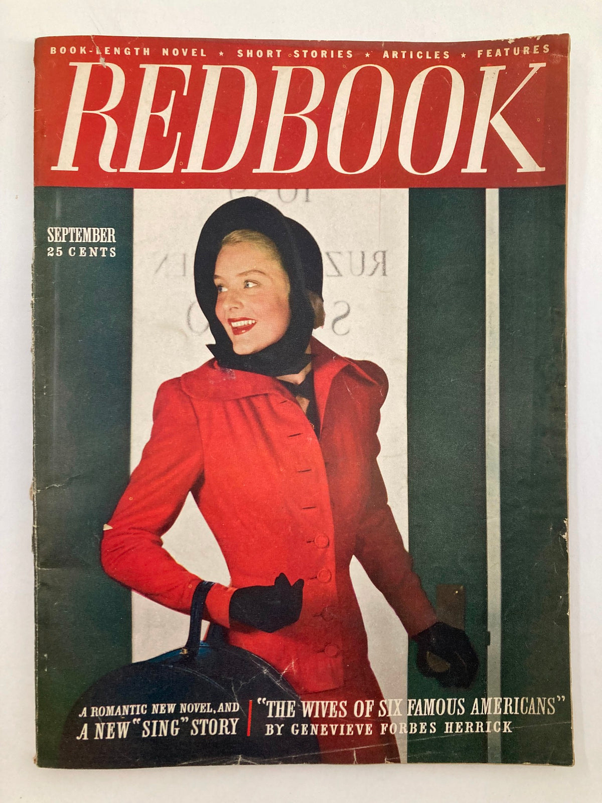 VTG Redbook Magazine September 1947 Vol 89 #5 featuring a woman in a stylish red coat and hat on the cover, themed 'Wives of Famous Americans'.