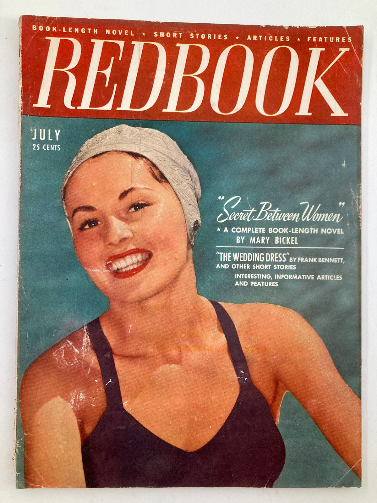 Cover of the VTG Redbook Magazine from July 1948, Volume 91, Issue #3, featuring a smiling woman wearing a swimsuit and a head scarf, highlighting the theme 'Secret Between Women'.