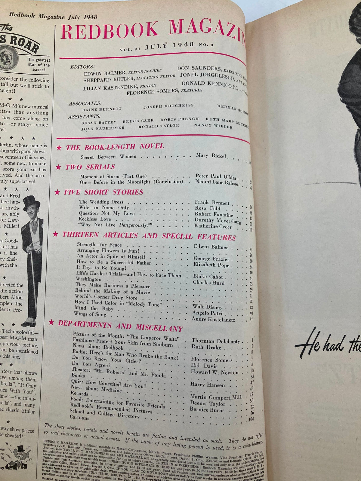 Inside page of VTG Redbook Magazine July 1948, featuring the table of contents, showcasing various article titles and editorial team details.