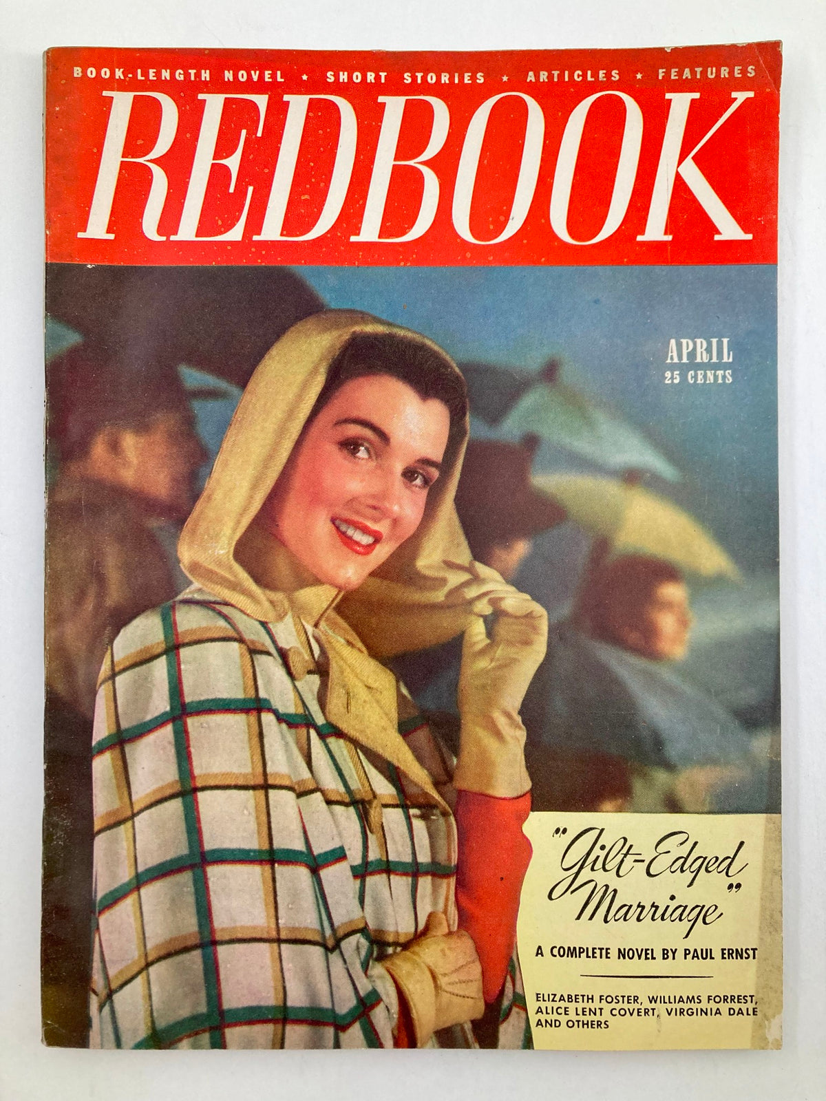 Cover of VTG Redbook Magazine April 1948 Vol 90 #6 featuring a woman in a stylish coat, promoting the story 'Gilt-Edged Marriage' by Paul Ernst.