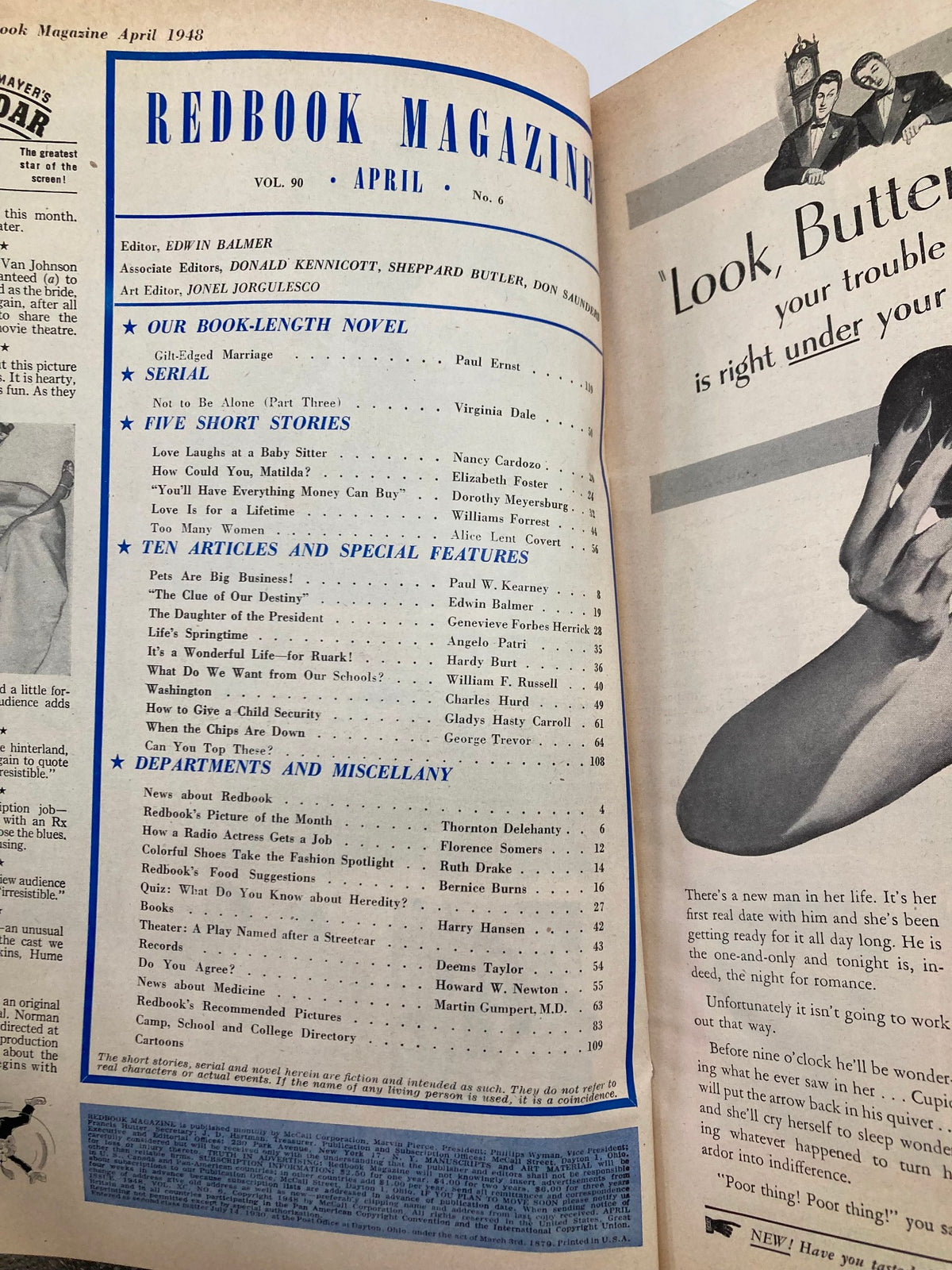 Interior page of VTG Redbook Magazine April 1948 Vol 90 #6 showing the table of contents and a list of stories and features.