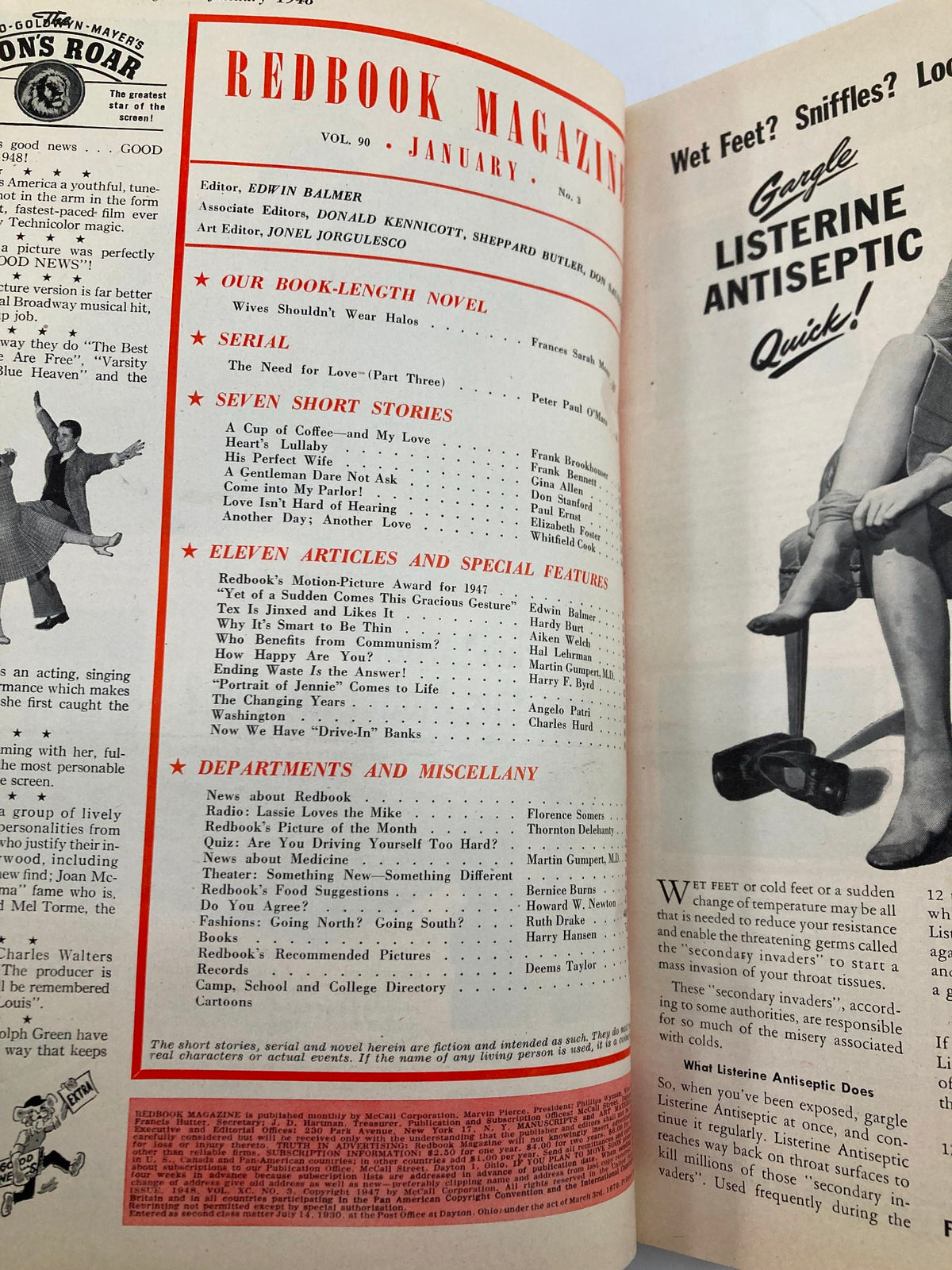 Interior page of VTG Redbook Magazine January 1948, displaying the table of contents and various articles including 'Wives Shouldn't Wear Halos' and advertisements from the era.