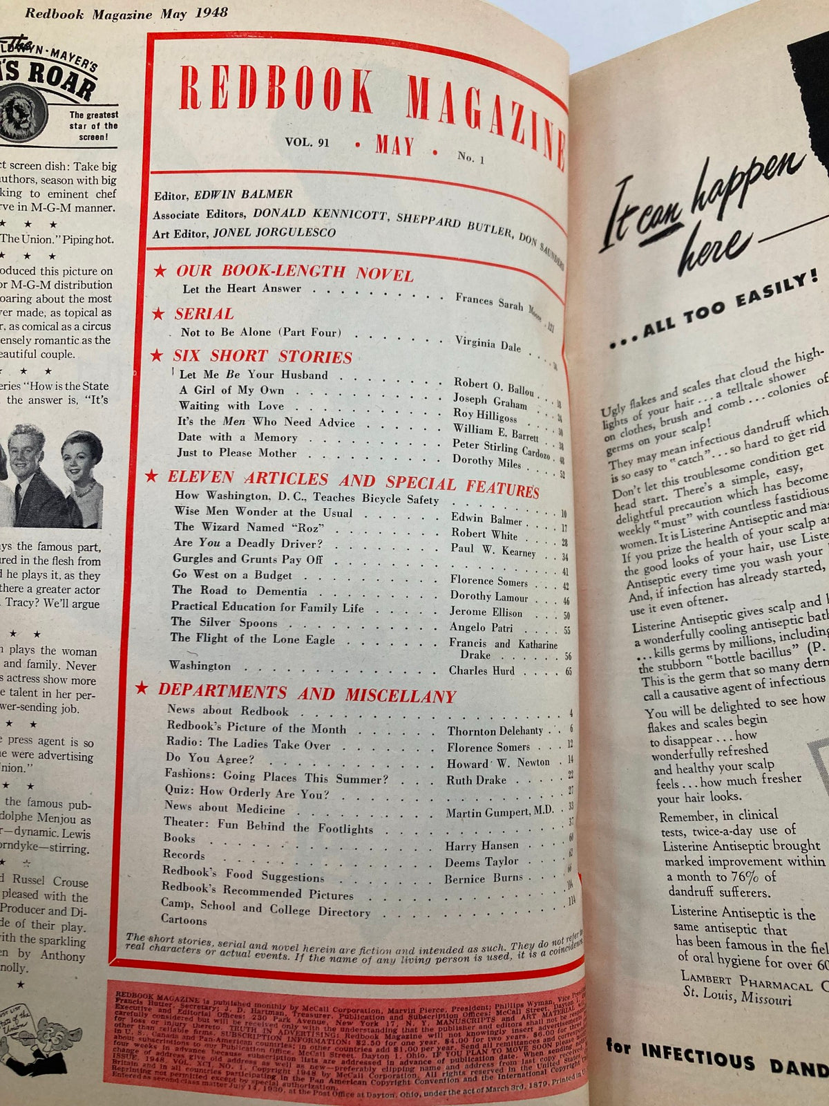 Inside page of VTG Redbook Magazine May 1948 Vol 91 #1 showing the table of contents, highlighted articles, and features.