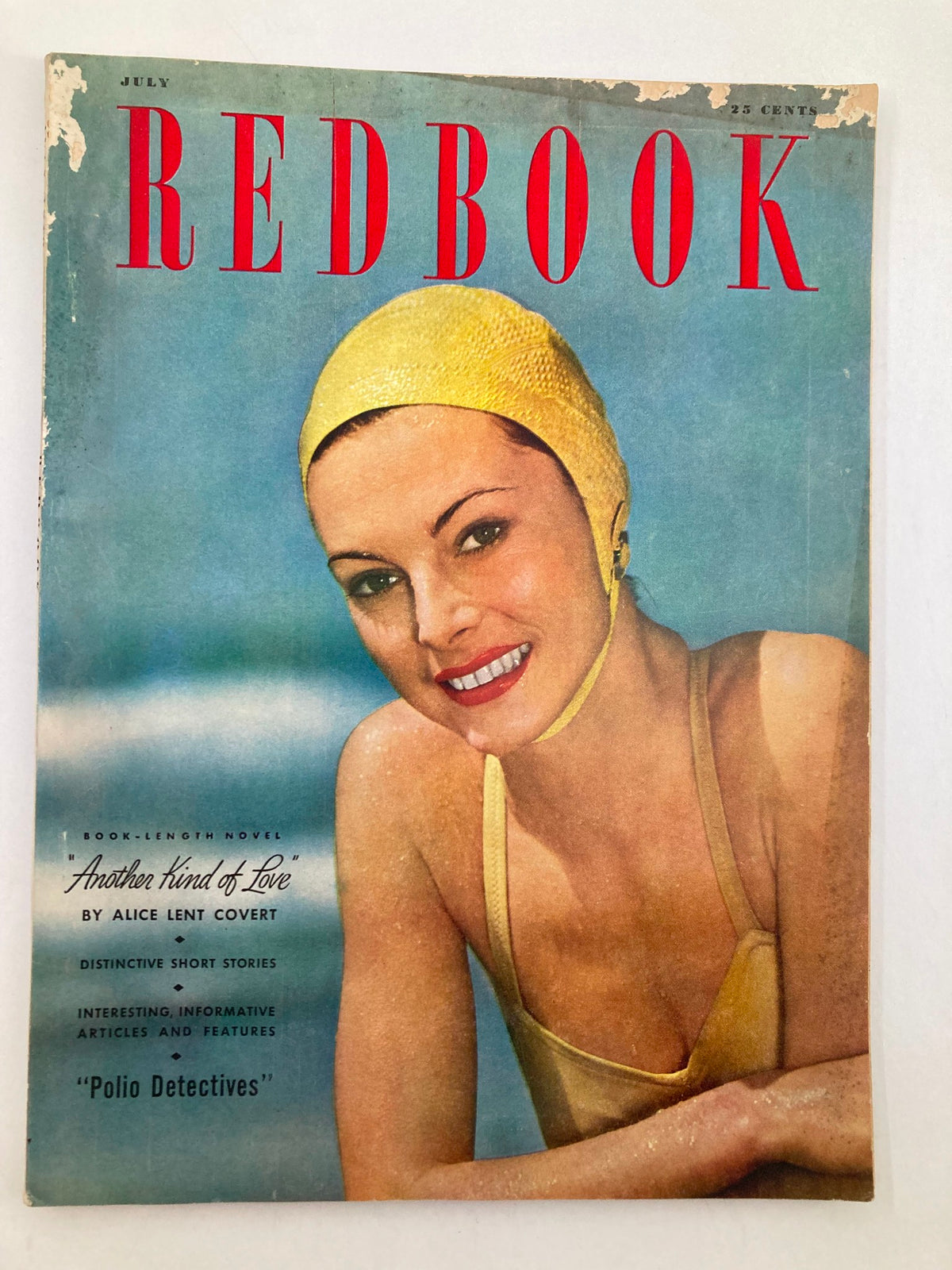 VTG Redbook Magazine July 1949 Vol 93 #3 Another Kind of Love cover featuring a woman in a yellow swim cap and bathing suit with vibrant colors and classic typography.