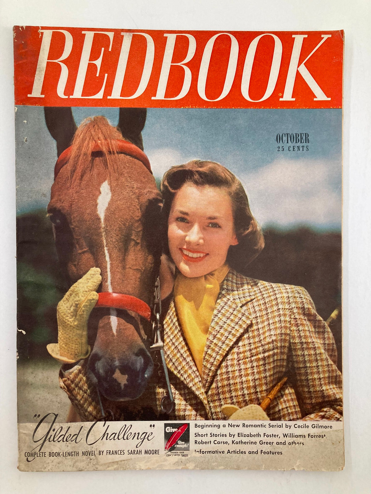 Cover of VTG Redbook Magazine October 1948 Volume 91 Issue 6 featuring the theme 'Gilded Challenge,' showcasing a woman with a horse, colorful vintage design.