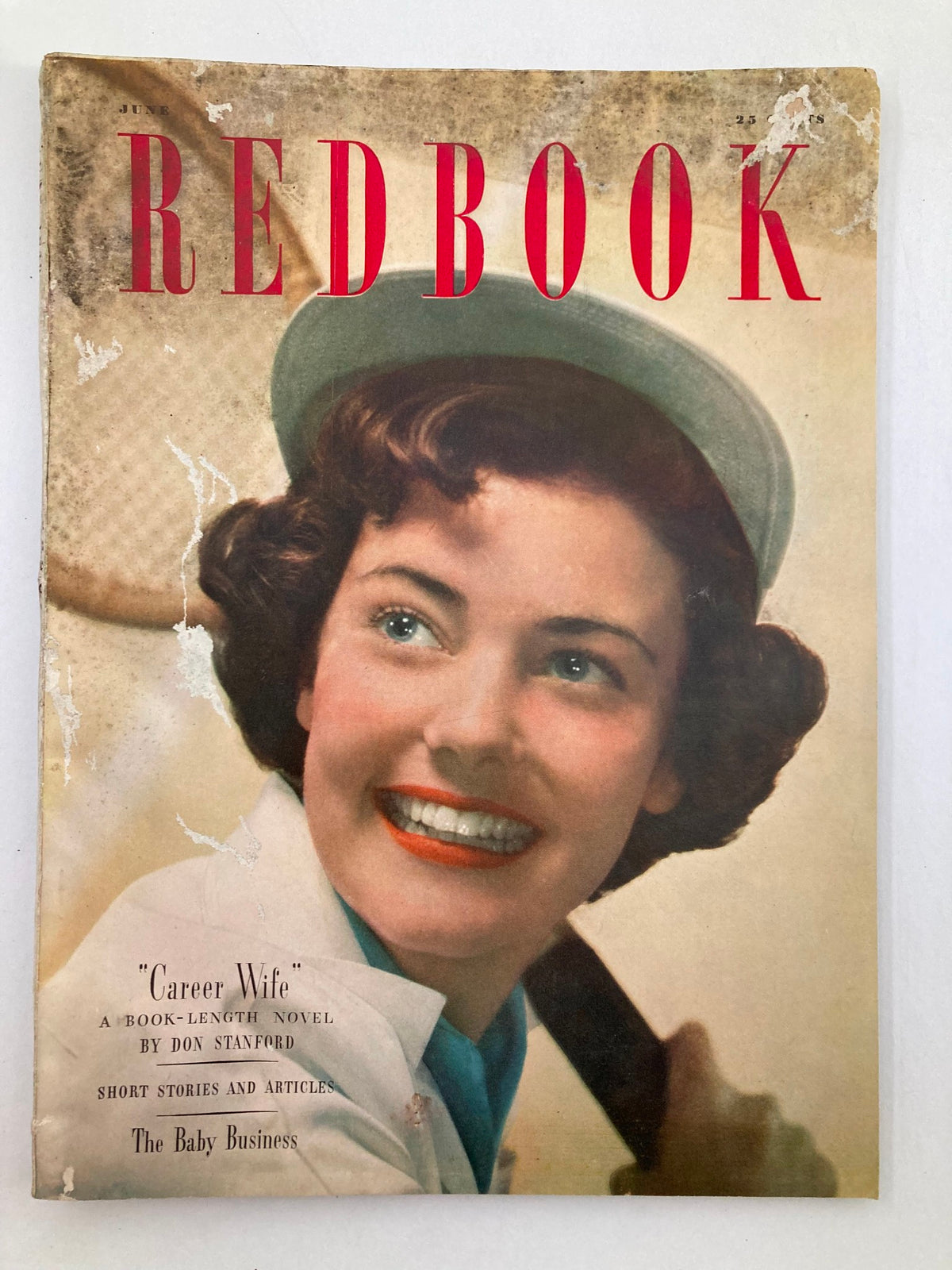 Cover of VTG Redbook Magazine June 1949 Volume 93 Issue 2 featuring a smiling woman with curly hair and bright red lipstick, showcasing the nostalgic theme of 'Farewell to Yesterday'.