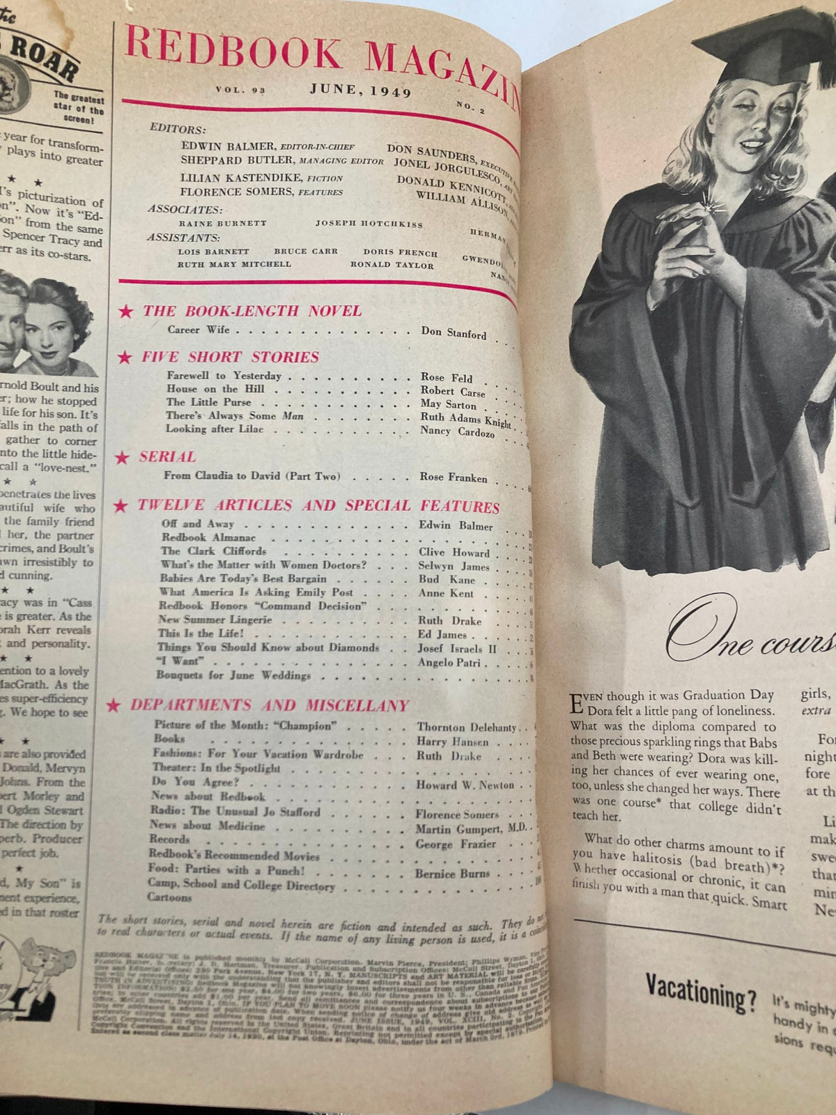 Interior page of VTG Redbook Magazine June 1949 Volume 93 Issue 2 featuring table of contents and articles related to mid-century culture.