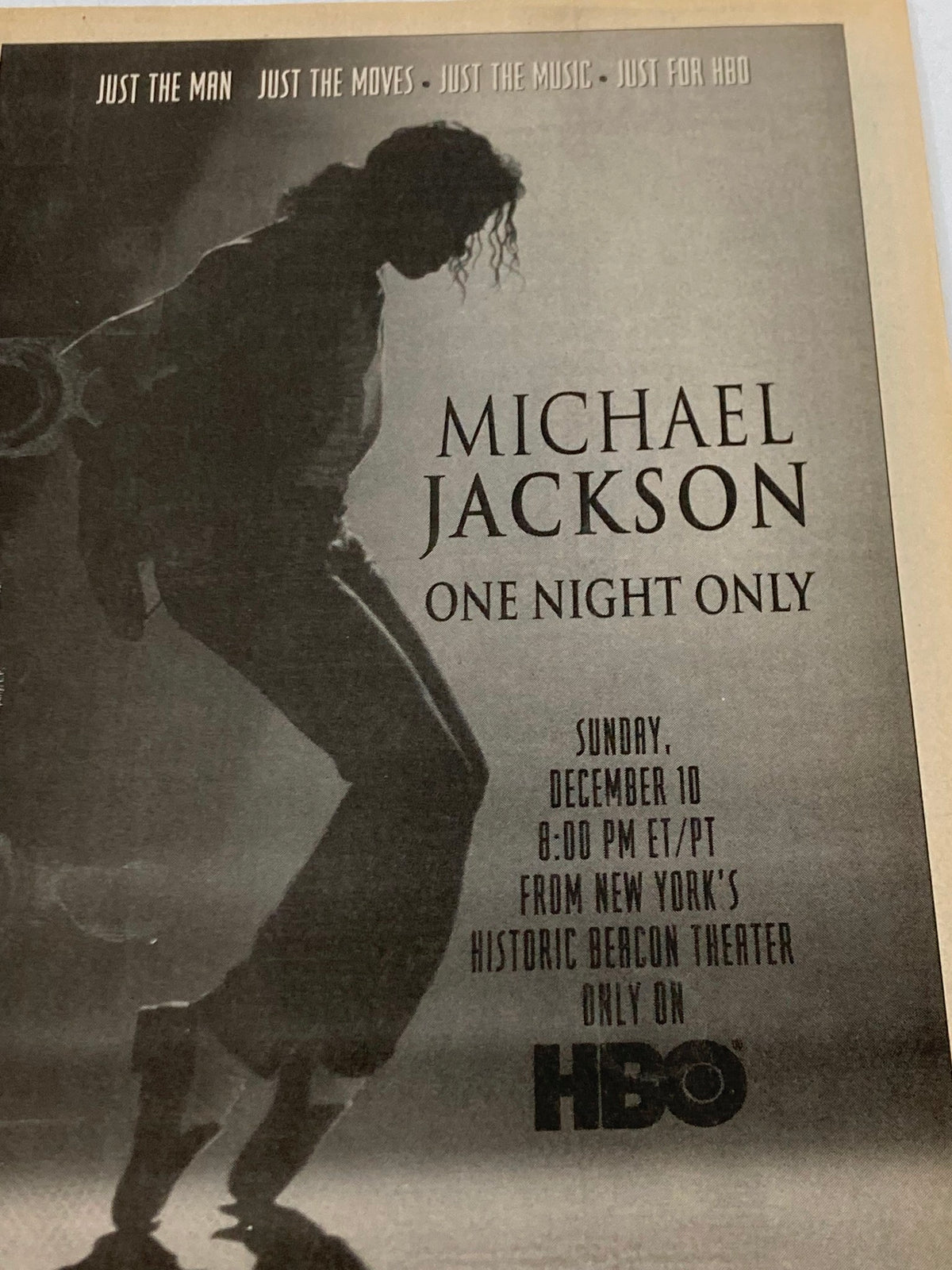 Vintage magazine page from The Philadelphia Inquirer TV Week December 10, 1995, showcasing an advertisement for Michael Jackson's 'One Night Only' performance on HBO, highlighting the event date and details.