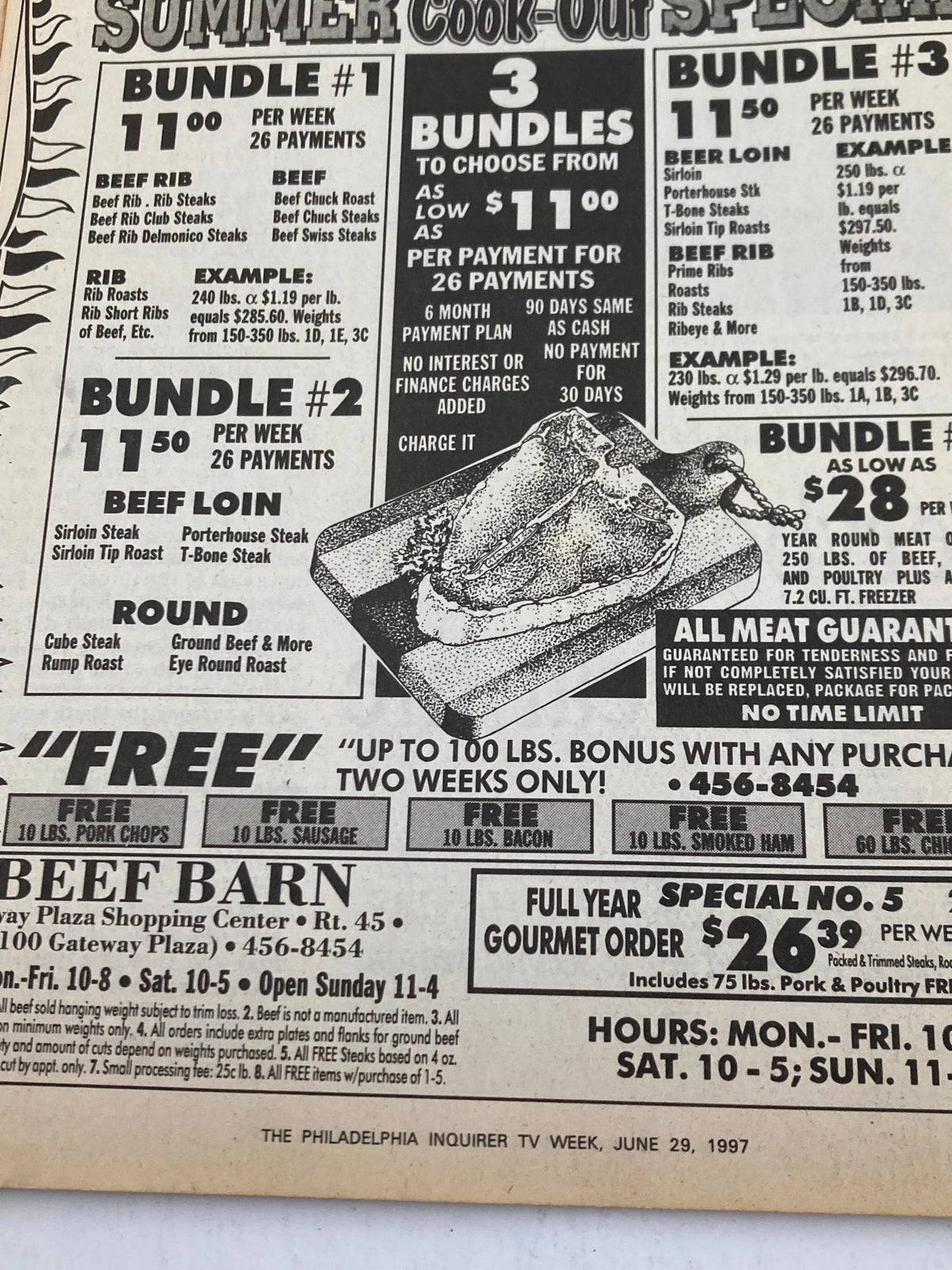An advertisement from The Philadelphia Inquirer TV Week, June 29, 1997, showcasing summer cook-out specials with bundles for BBQ meats. The ad features pricing and offers from Beef Barn, promoting various meat packages.