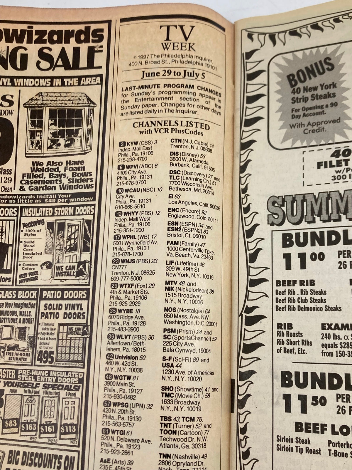 Detailed view of the TV Week page from The Philadelphia Inquirer, dated June 29, 1997, featuring Ray Romano and Patricia Heaton. The page includes programming changes, channel listings, and advertisement content from the late 90s television landscape.