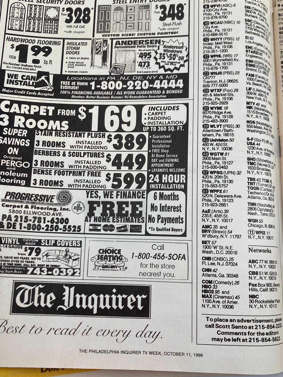 Advertisement page from The Philadelphia Inquirer TV Week October 11 1998 highlighting various local business promotions and services.