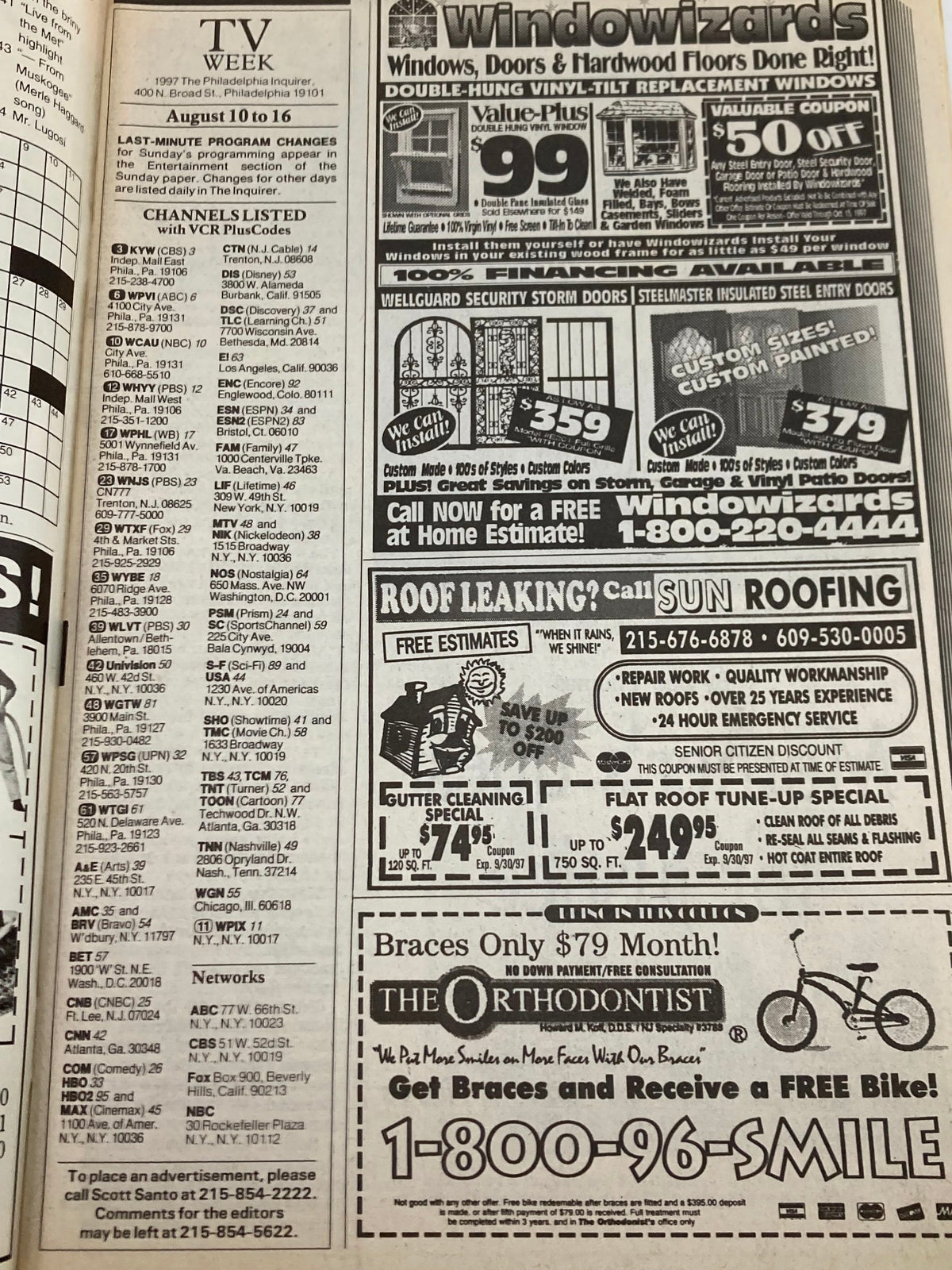 Inside page from The Philadelphia Inquirer TV Week August 10 1997, displaying television listings and channel information. This page highlights programming changes and featured shows during that week.