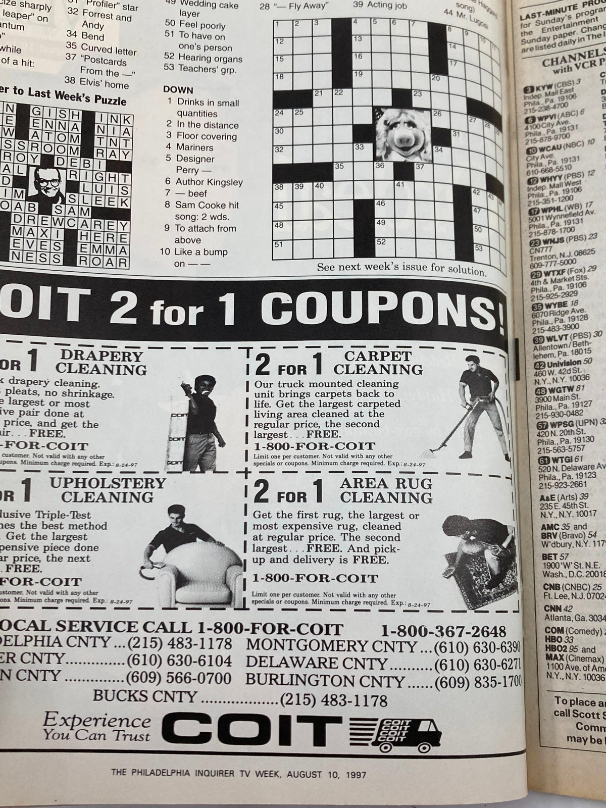 Another inside page of The Philadelphia Inquirer TV Week August 10 1997, showcasing advertisements and a crossword puzzle. It includes promotional offers for carpet cleaning services and local business advertisements.