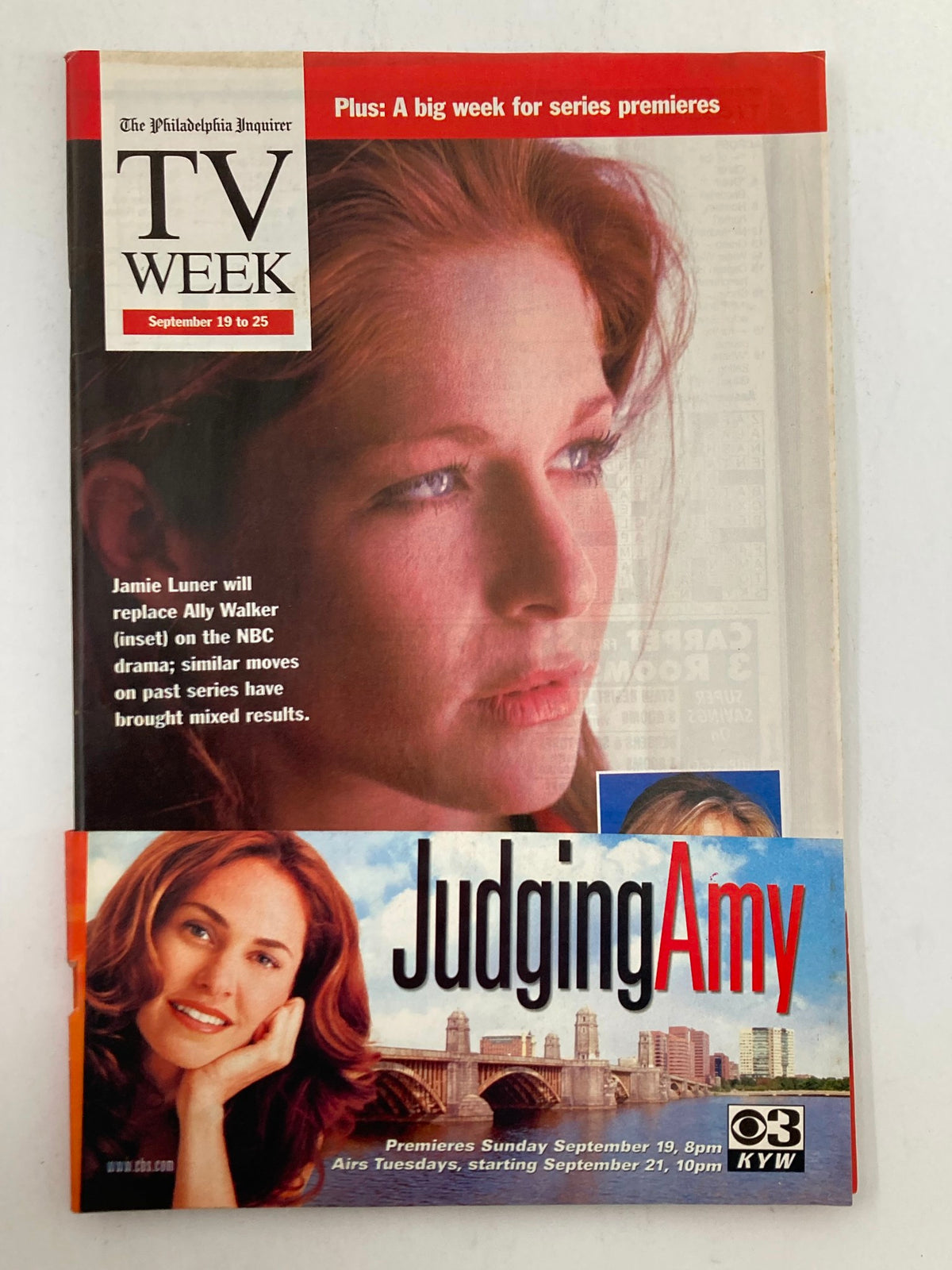 The Philadelphia Inquirer TV Week September 19, 1999 magazine cover featuring Jamie Luner, highlighting series premieres such as 'Judging Amy'.