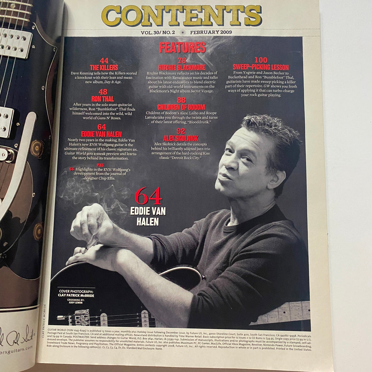 Contents page of Guitar World Magazine February 2009 showcasing features including Eddie Van Halen's story and a list of articles.
