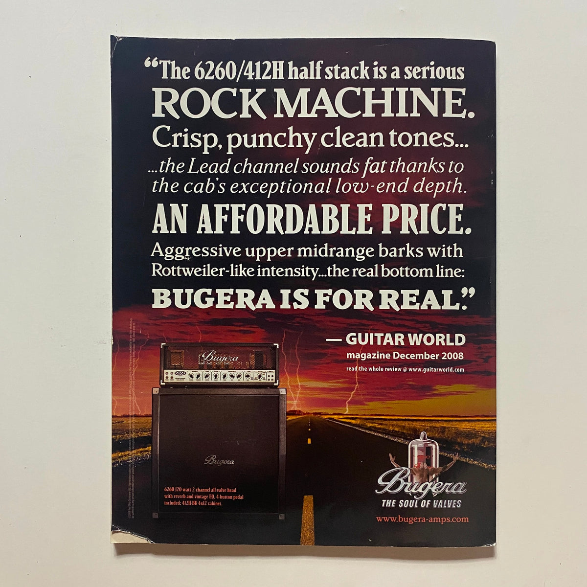 Back cover of Guitar World Magazine February 2009 promoting Bugera amplifiers with a striking advertisement about their sound quality.
