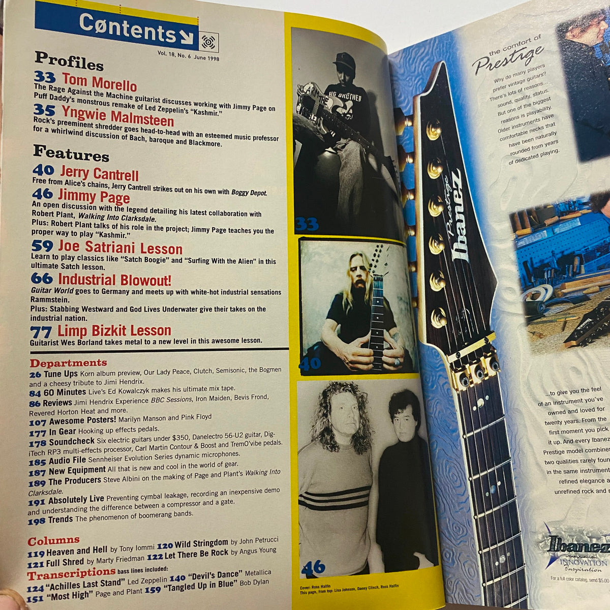 Contents page of Guitar World Magazine June 1998 listing profiles including Jimmy Page and Tom Morello, showcasing articles on rock musicians.