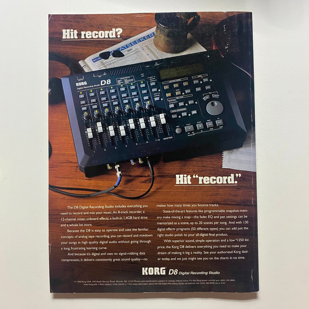 Back cover of Guitar World Magazine June 1998 advertising the Korg D8 Digital Recording Studio, appealing to musicians.