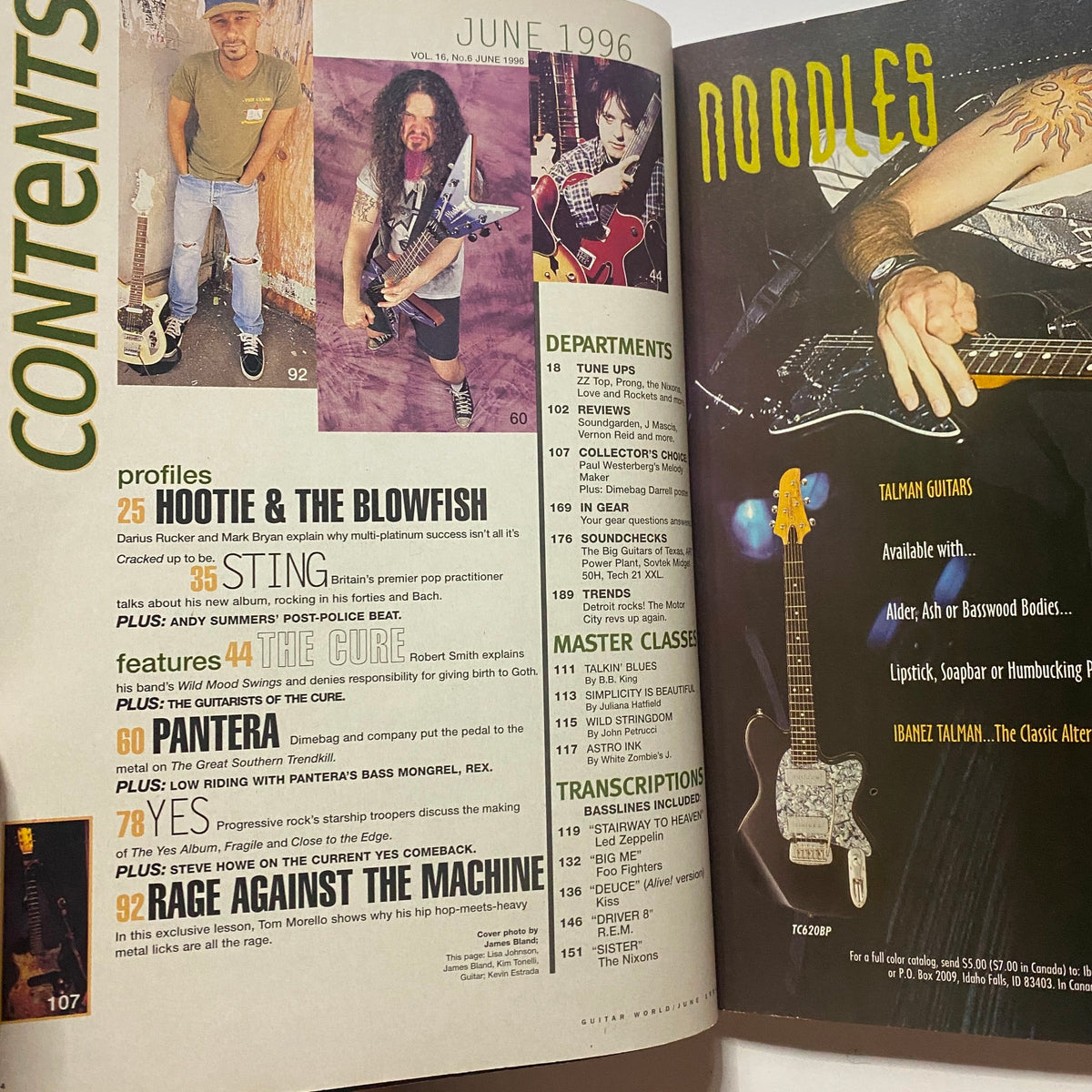 Contents page of Guitar World Magazine June 1996 highlighting features on Pantera among other artists. The layout includes profiles, interviews, and notable articles, contributing to the magazine's appeal for music enthusiasts.