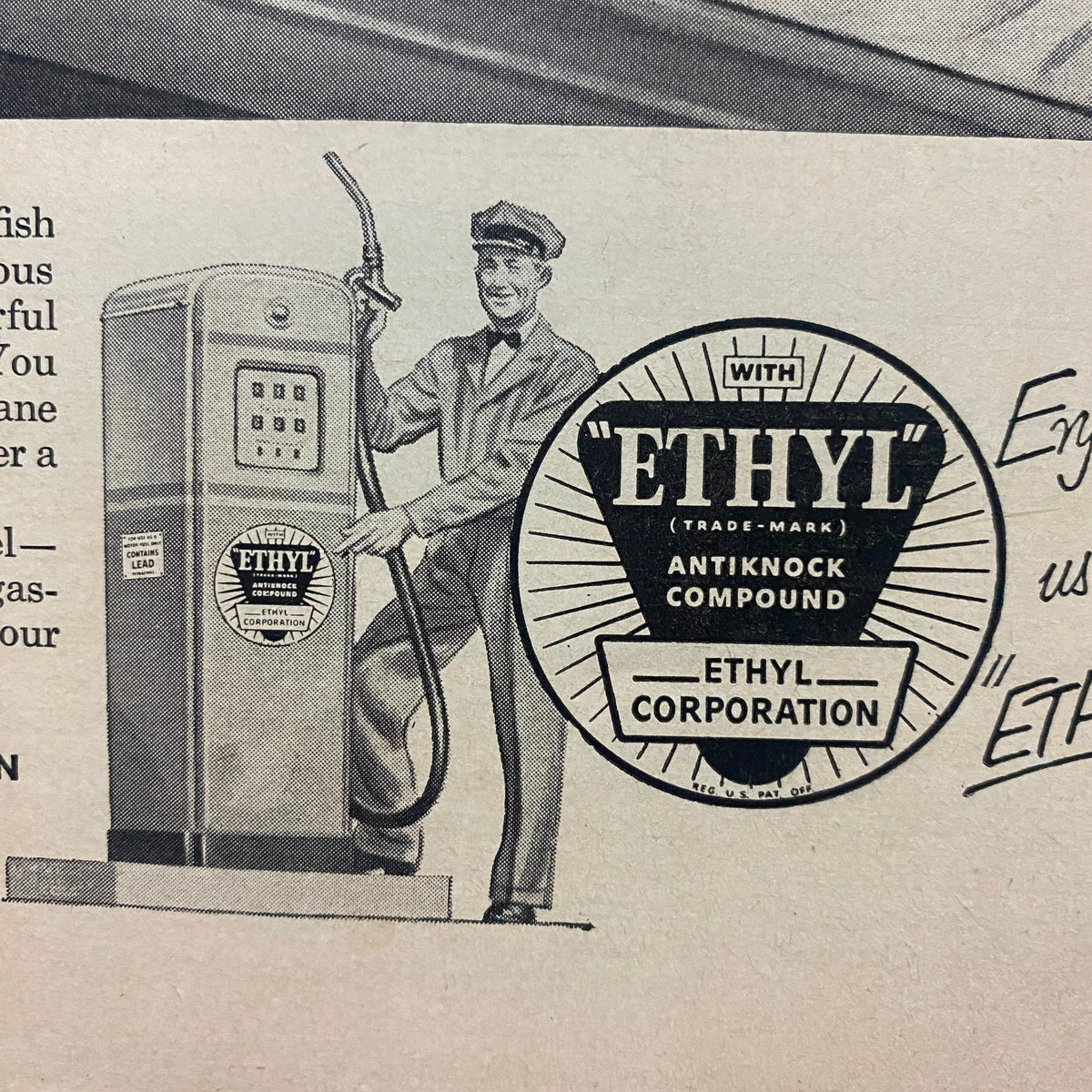 Vintage advertisement for Ethyl gasoline from Sports Illustrated Magazine August 16 1954, featuring a gas station attendant and a classic fuel pump, highlighting the product's benefits.