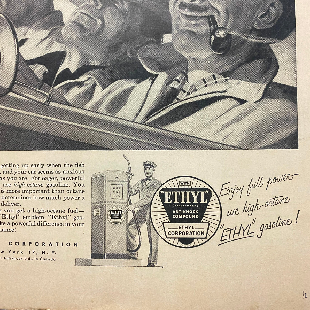 Ethyl gasoline advertisement from Sports Illustrated Magazine August 16 1954, showcasing happy drivers and a gas station attendant, promoting high-octane fuel benefits.